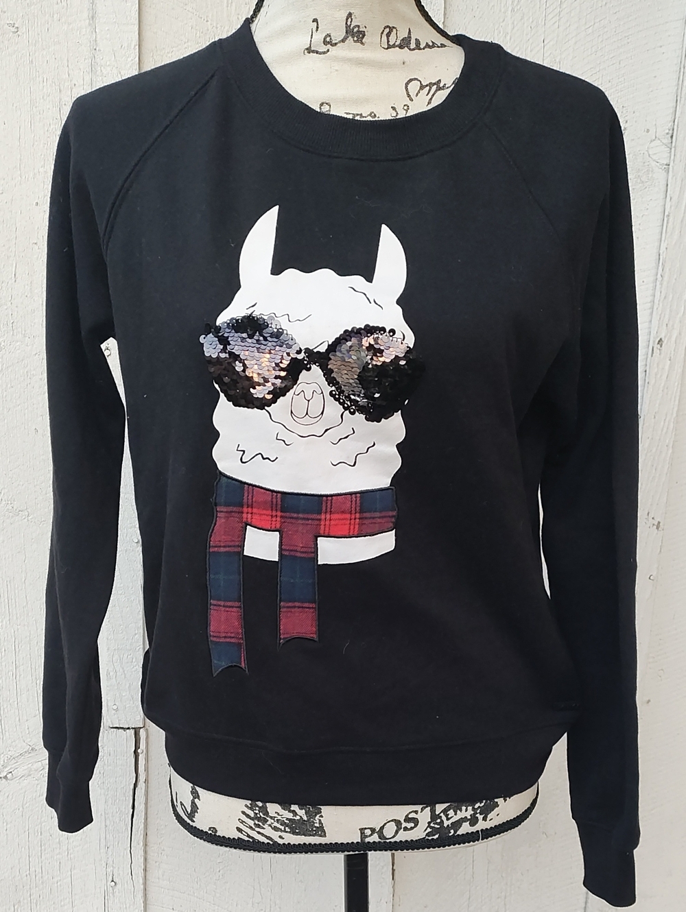 Marc New York Black Crewneck Sweater Llama Graphic and Sequin Sunglasses Size M